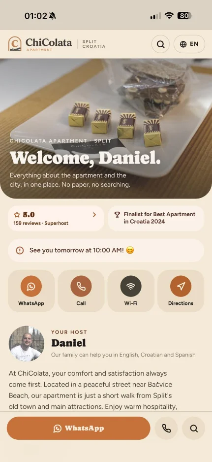 The ChiColata guest app on a phone, showing a personal welcome screen